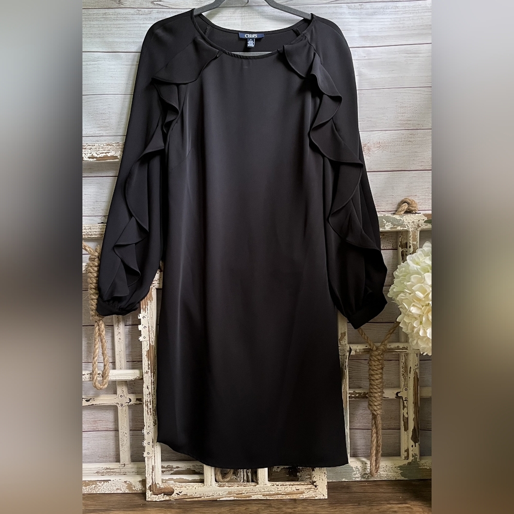 Chaps Black Ruffle-Trim Long Sleeve Shift Dress